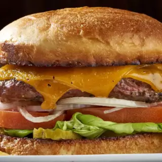 We top our Angus burger with Cheddar cheese, pickles, onions, tomatoes and Boston Bibb lettuce on a homemade bun.